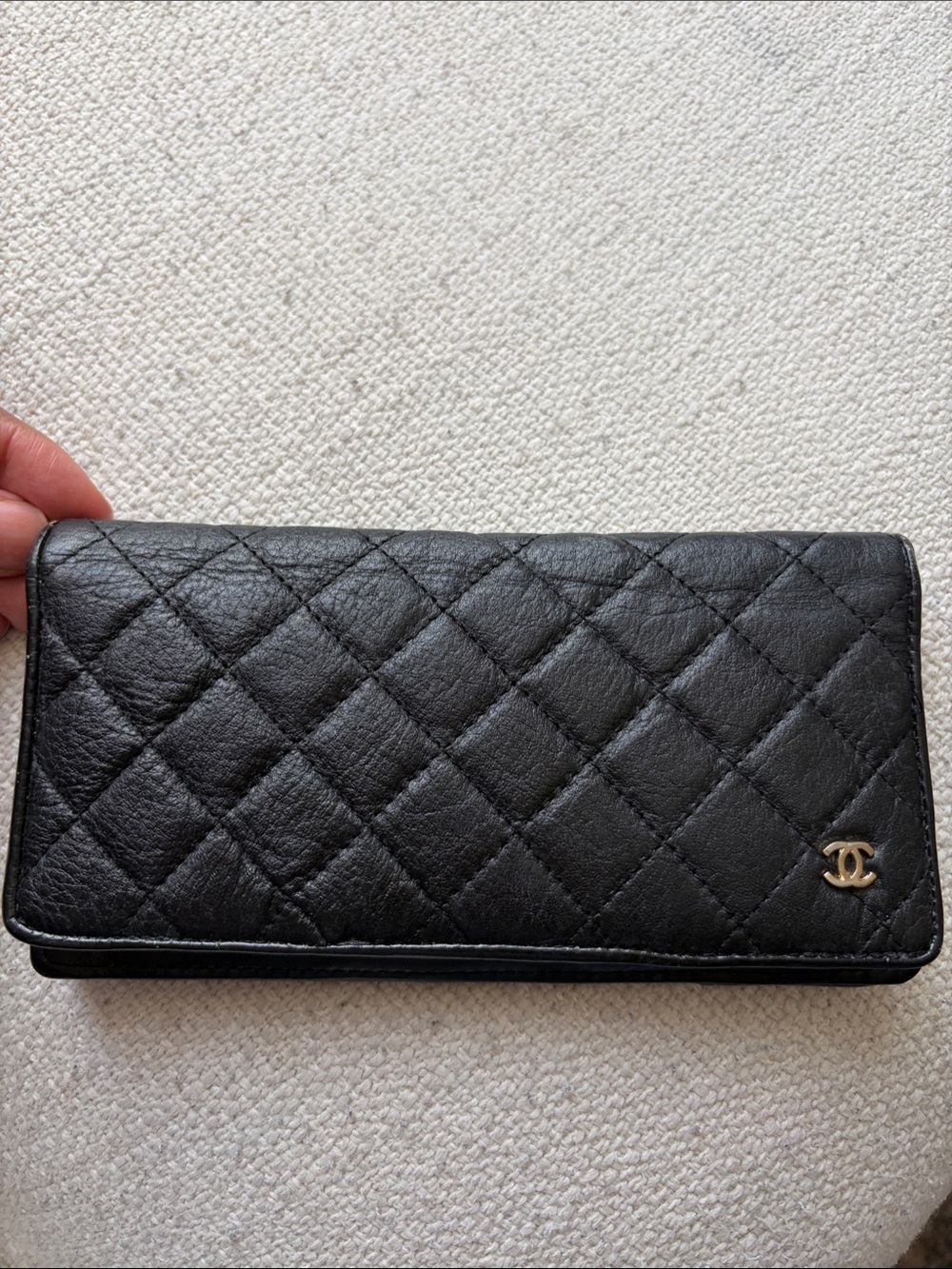 CHANEL Black Quilted Leather Long Wallet with Gold CC circa 1990